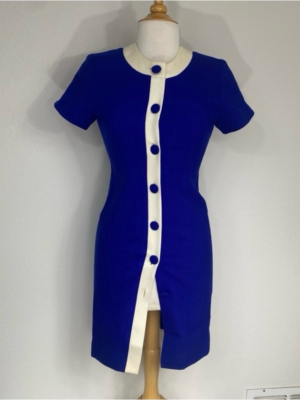 Vintage Premier Women's Blue Short Sleeve Wool Button Sheath Dress 2P Classic